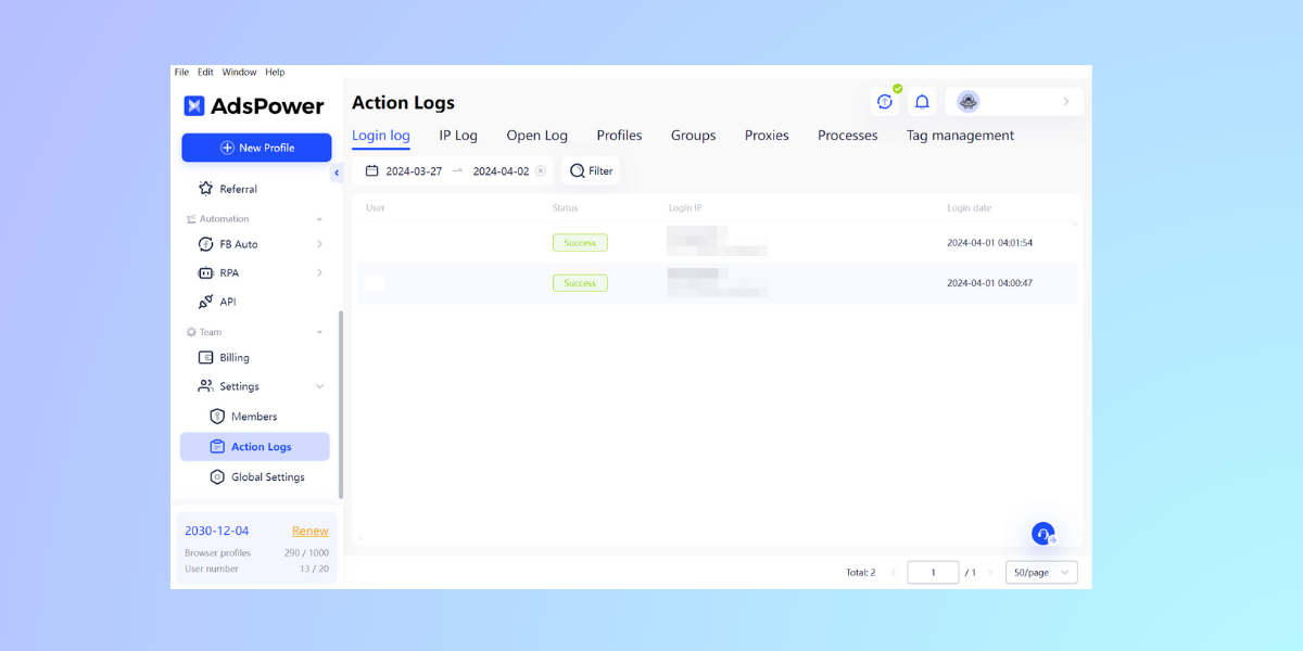AdsPower Action Logs
